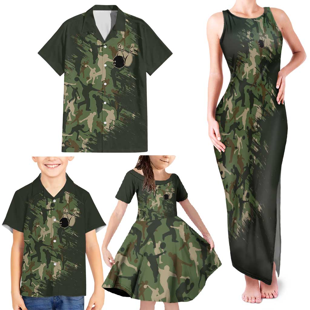 Bowling Camouflage Pattern Family Matching Tank Maxi Dress and Hawaiian Shirt with Ball and Pins Graphic in Army Green and Beige Brushstroke Design - Wonder Print Shop