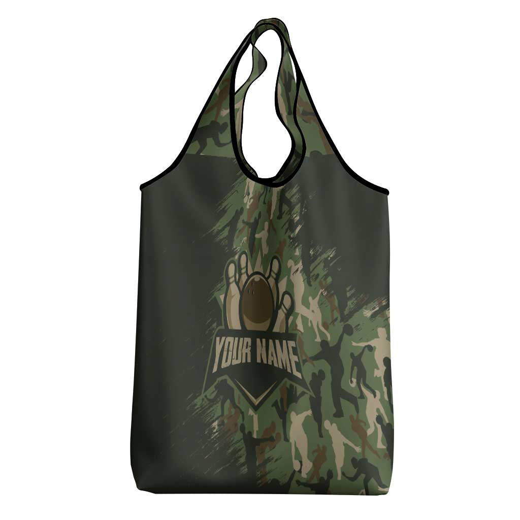 Bowling Camouflage Pattern Grocery Bag with Ball and Pins Graphic in Army Green and Beige Brushstroke Design - Wonder Print Shop
