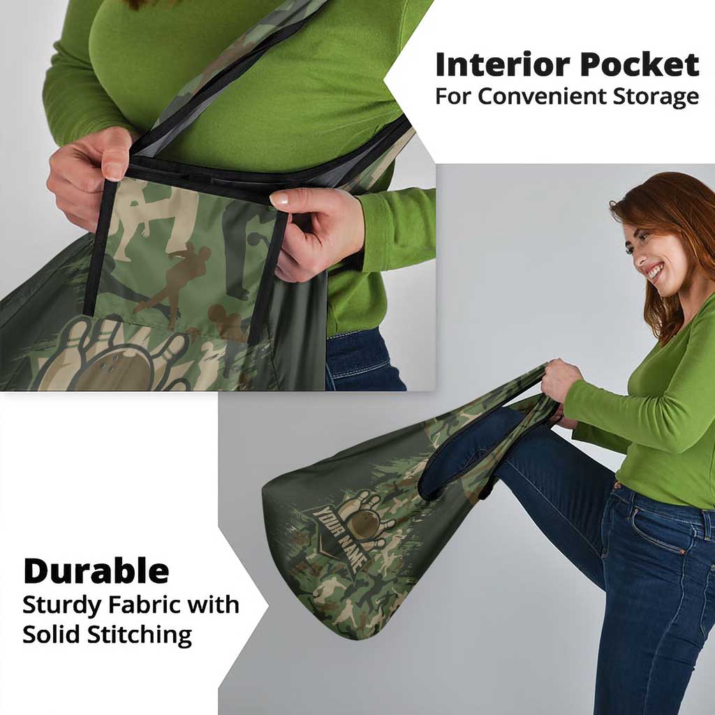 Bowling Camouflage Pattern Grocery Bag with Ball and Pins Graphic in Army Green and Beige Brushstroke Design - Wonder Print Shop