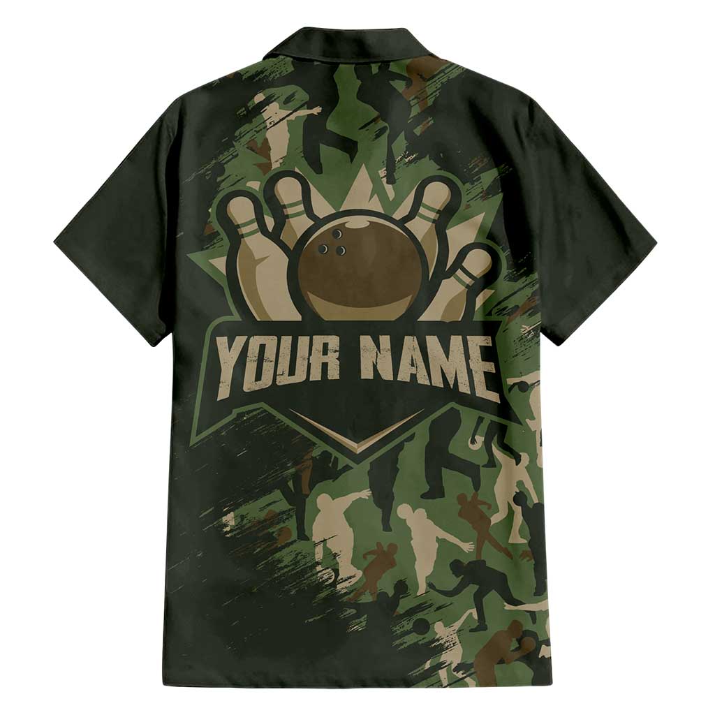 Bowling Camouflage Pattern Hawaiian Shirt with Ball and Pins Graphic in Army Green and Beige Brushstroke Design - Wonder Print Shop