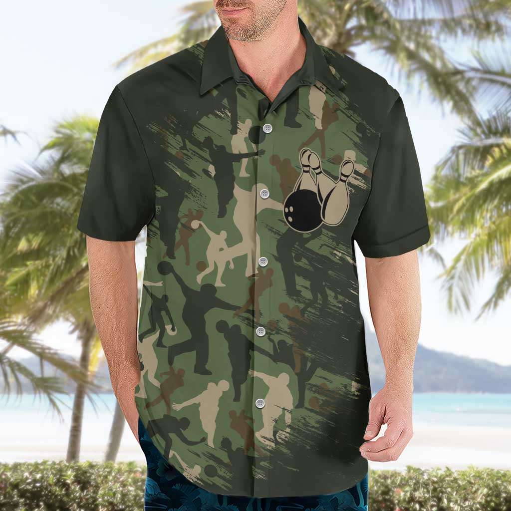 Bowling Camouflage Pattern Hawaiian Shirt with Ball and Pins Graphic in Army Green and Beige Brushstroke Design - Wonder Print Shop