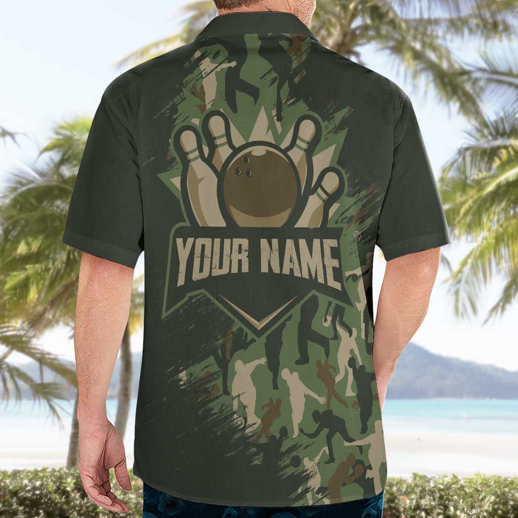 Bowling Camouflage Pattern Hawaiian Shirt with Ball and Pins Graphic in Army Green and Beige Brushstroke Design - Wonder Print Shop