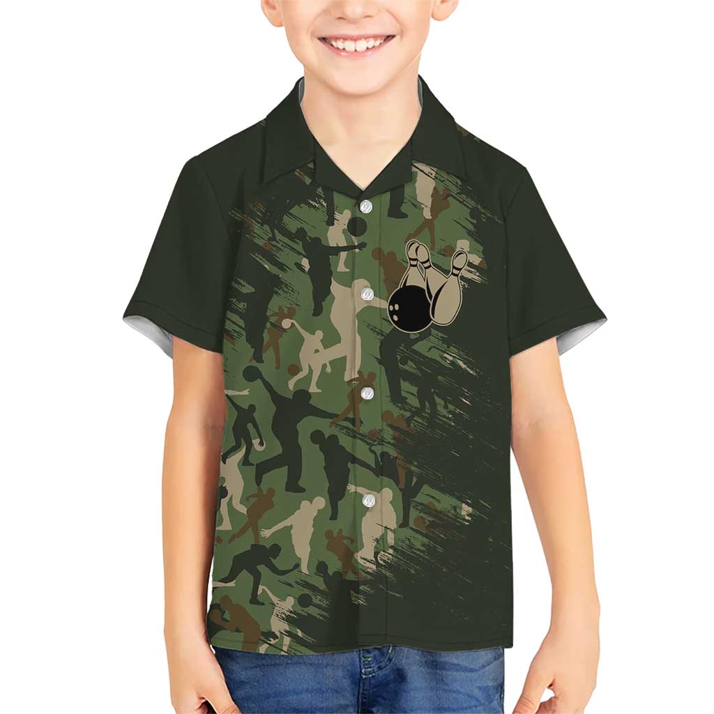 Bowling Camouflage Pattern Hawaiian Shirt with Ball and Pins Graphic in Army Green and Beige Brushstroke Design - Wonder Print Shop