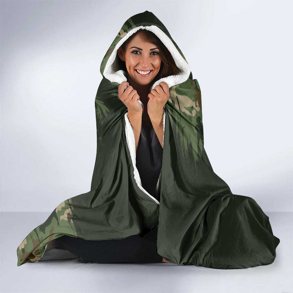 Bowling Camouflage Pattern Hooded Blanket with Ball and Pins Graphic in Army Green and Beige Brushstroke Design - Wonder Print Shop