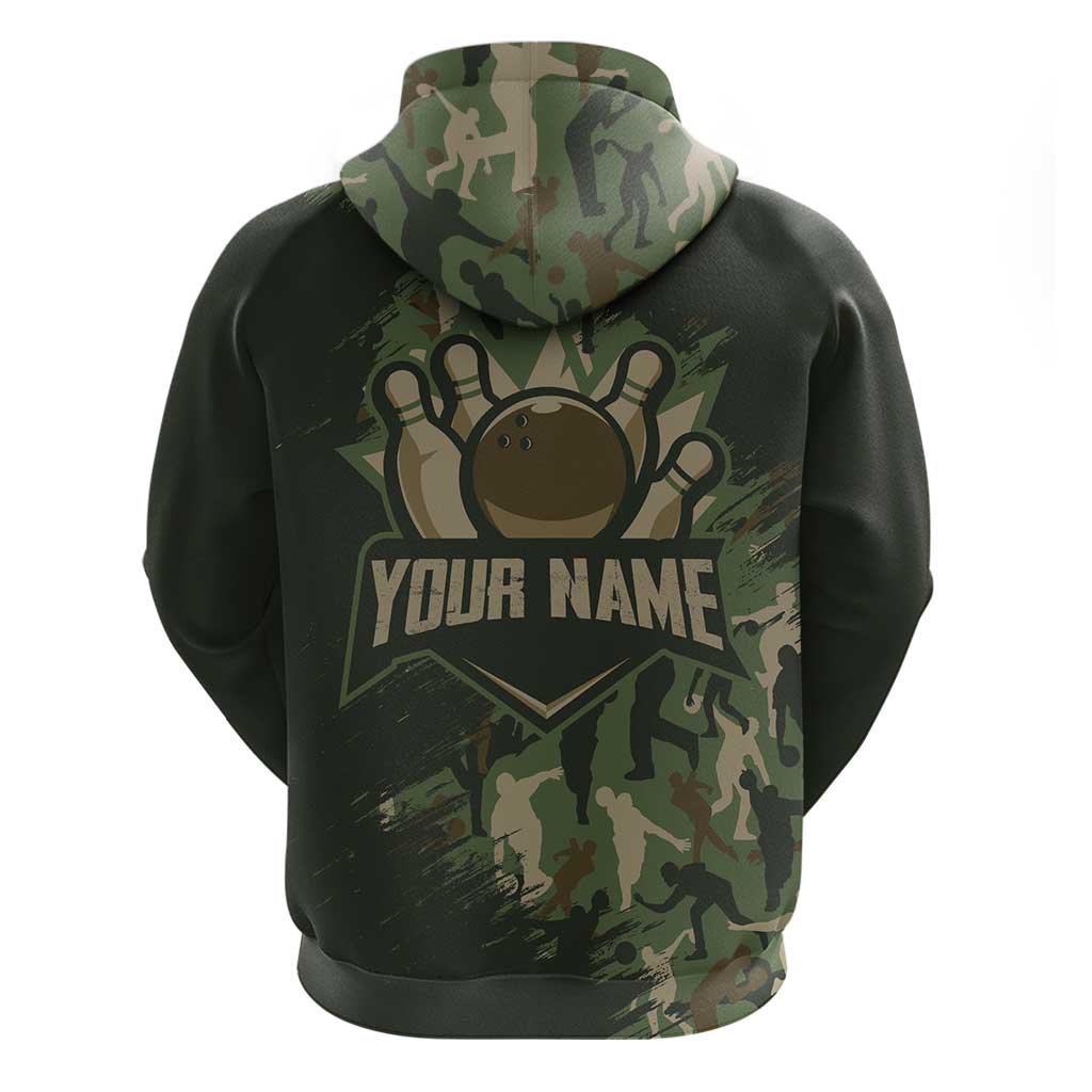 Bowling Camouflage Pattern Hoodie with Ball and Pins Graphic in Army Green and Beige Brushstroke Design - Wonder Print Shop