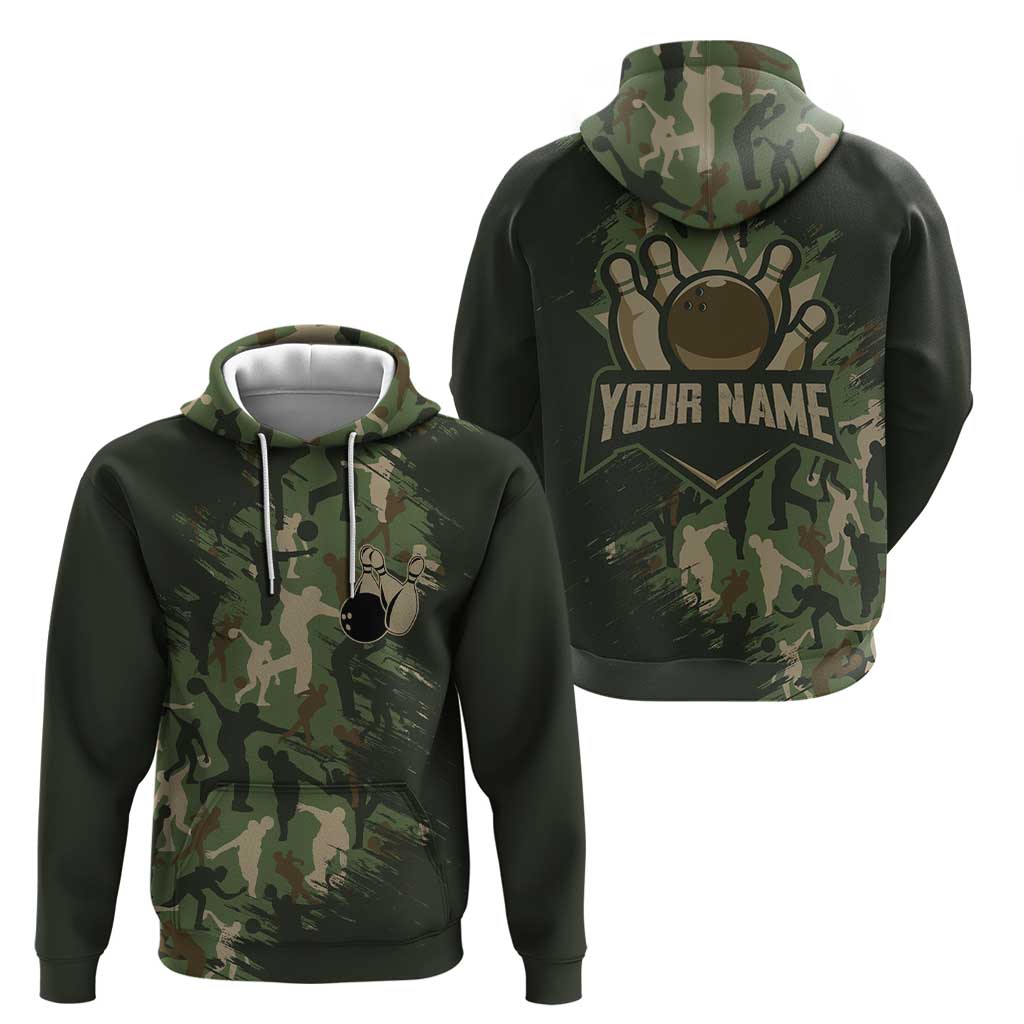 Bowling Camouflage Pattern Hoodie with Ball and Pins Graphic in Army Green and Beige Brushstroke Design - Wonder Print Shop