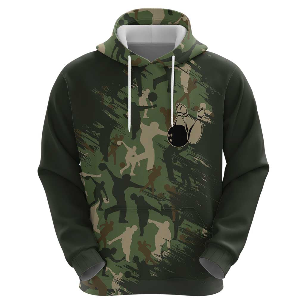 Bowling Camouflage Pattern Hoodie with Ball and Pins Graphic in Army Green and Beige Brushstroke Design - Wonder Print Shop