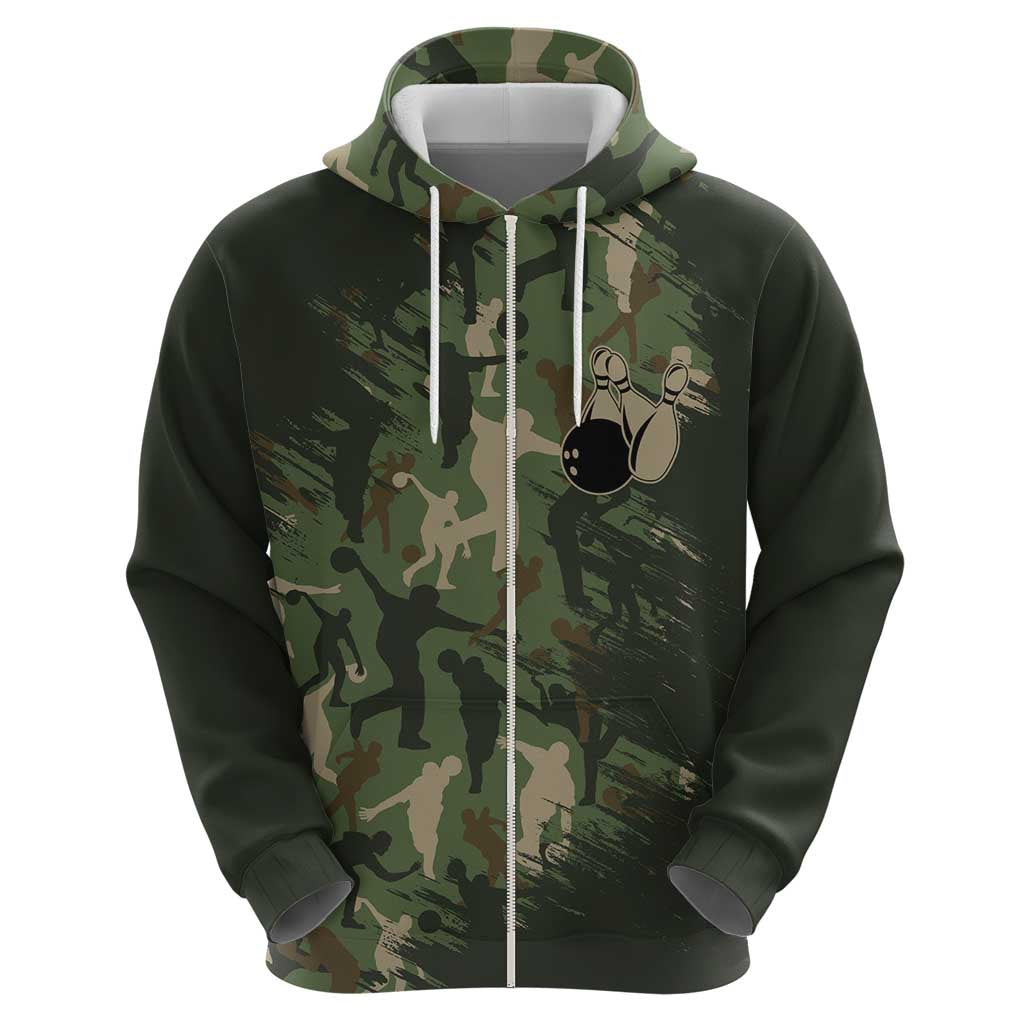 Bowling Camouflage Pattern Hoodie with Ball and Pins Graphic in Army Green and Beige Brushstroke Design - Wonder Print Shop