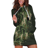 Bowling Camouflage Pattern Hoodie Dress with Ball and Pins Graphic in Army Green and Beige Brushstroke Design - Wonder Print Shop