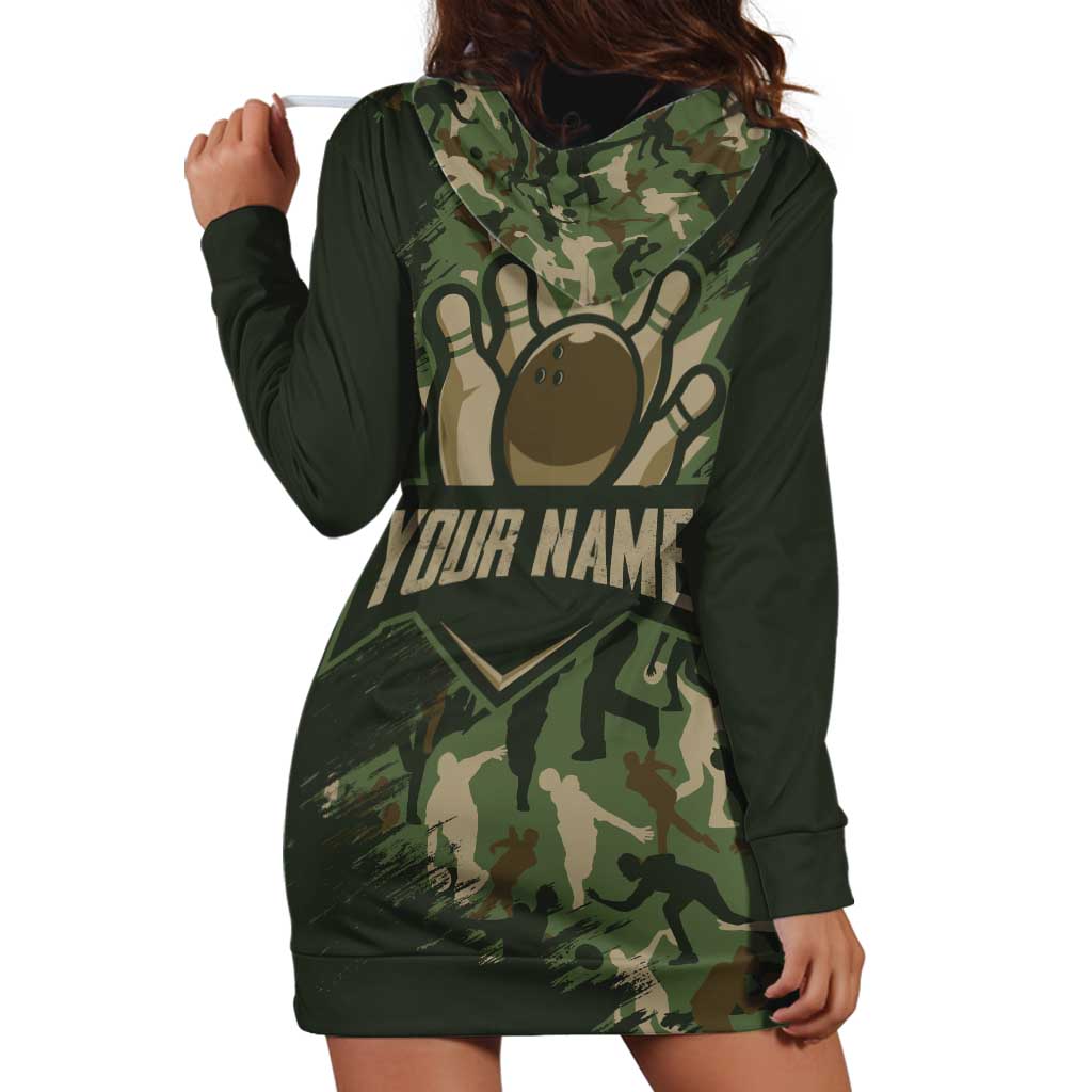 Bowling Camouflage Pattern Hoodie Dress with Ball and Pins Graphic in Army Green and Beige Brushstroke Design - Wonder Print Shop