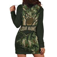 Bowling Camouflage Pattern Hoodie Dress with Ball and Pins Graphic in Army Green and Beige Brushstroke Design - Wonder Print Shop