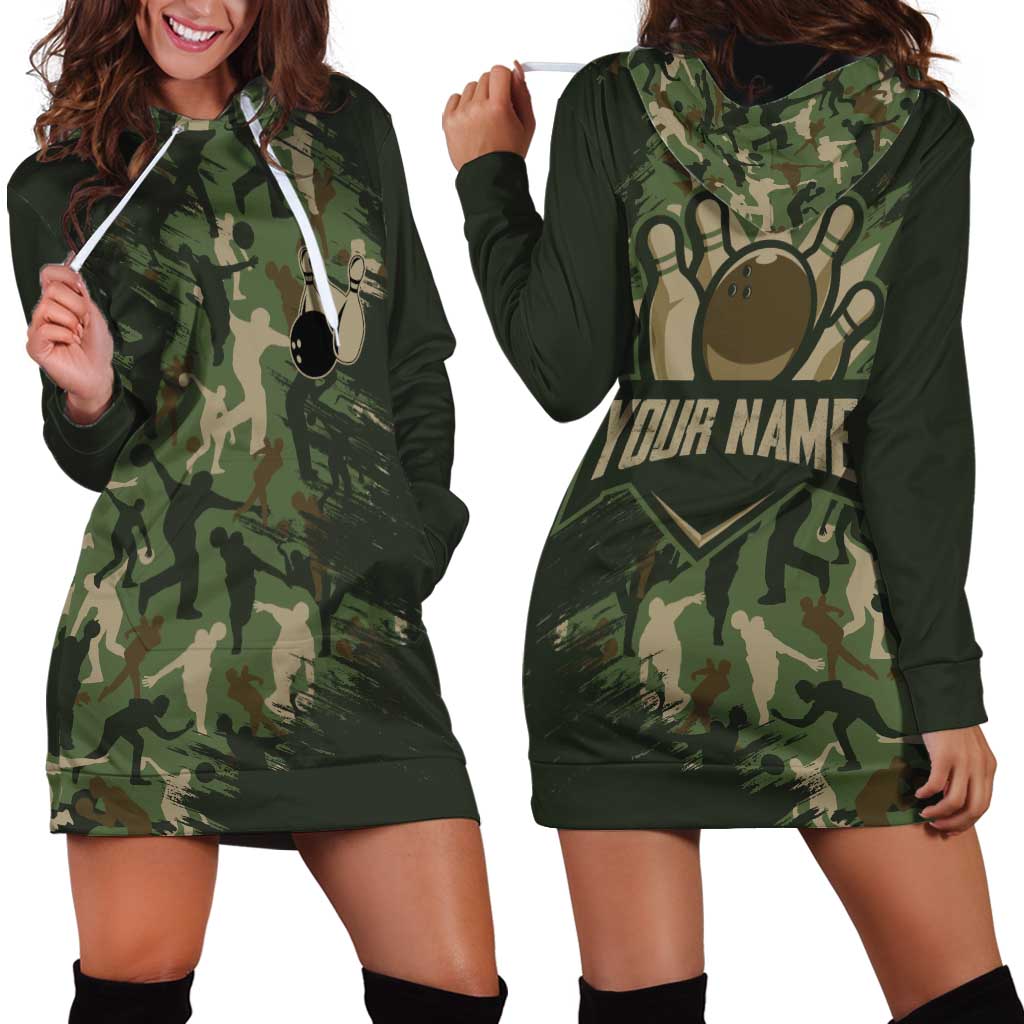 Bowling Camouflage Pattern Hoodie Dress with Ball and Pins Graphic in Army Green and Beige Brushstroke Design - Wonder Print Shop