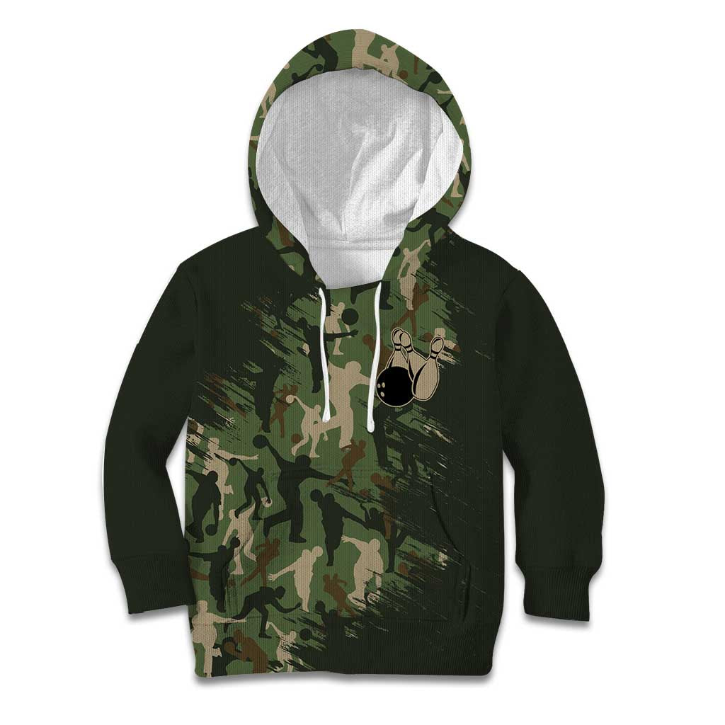 Bowling Camouflage Pattern Kid Hoodie with Ball and Pins Graphic in Army Green and Beige Brushstroke Design - Wonder Print Shop