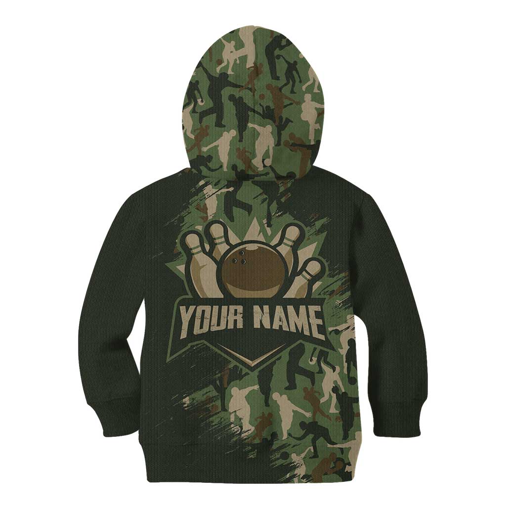 Bowling Camouflage Pattern Kid Hoodie with Ball and Pins Graphic in Army Green and Beige Brushstroke Design - Wonder Print Shop
