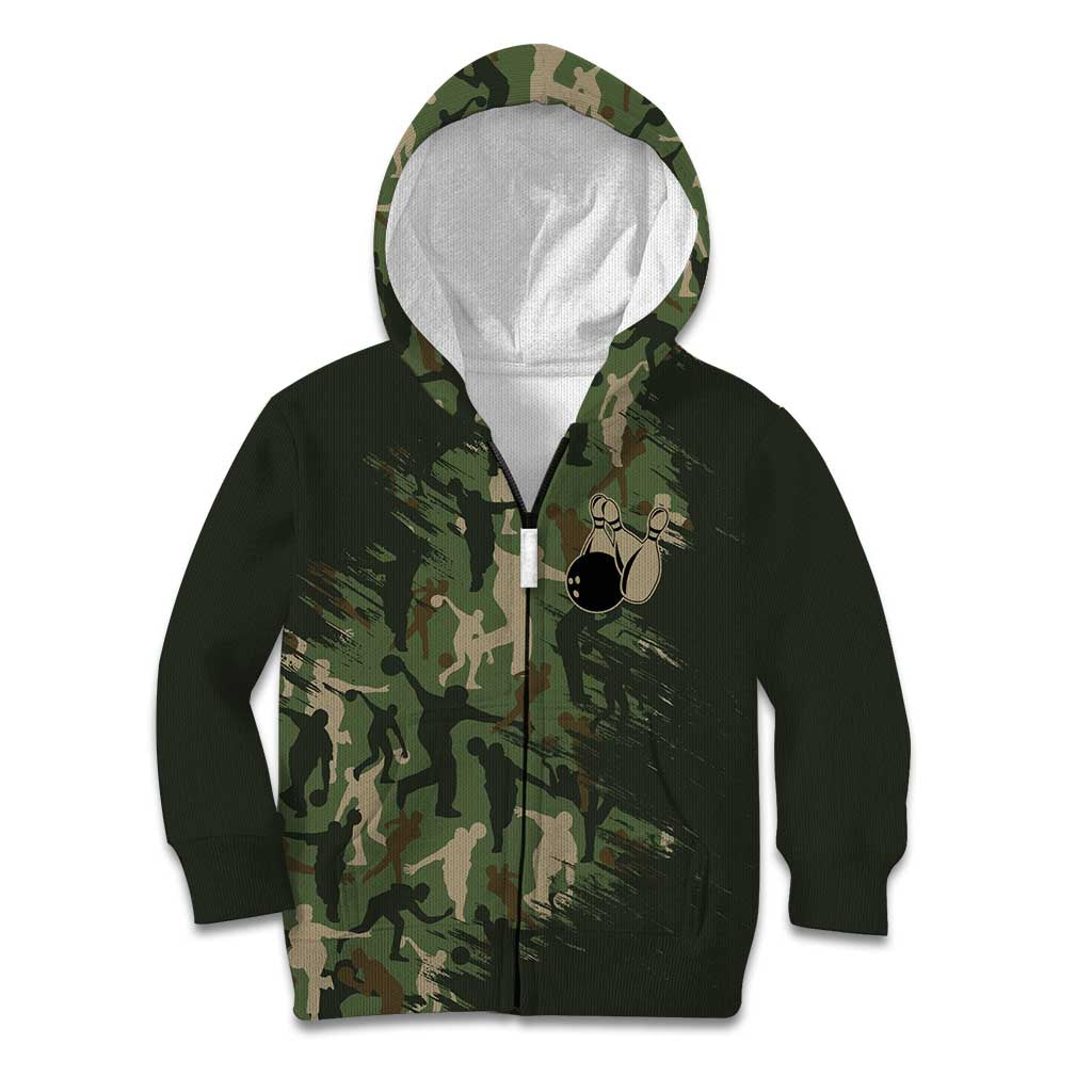 Bowling Camouflage Pattern Kid Hoodie with Ball and Pins Graphic in Army Green and Beige Brushstroke Design - Wonder Print Shop