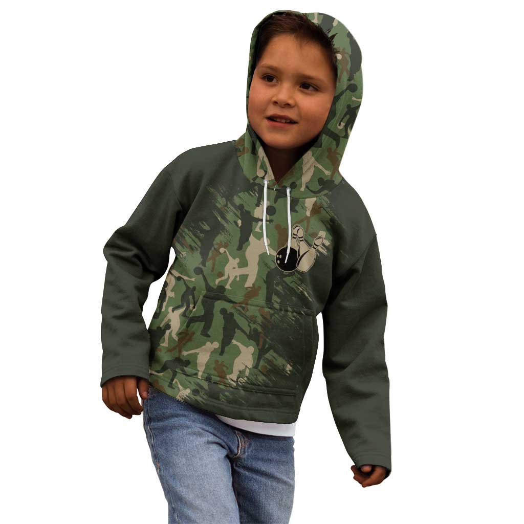 Bowling Camouflage Pattern Kid Hoodie with Ball and Pins Graphic in Army Green and Beige Brushstroke Design - Wonder Print Shop