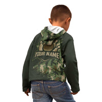 Bowling Camouflage Pattern Kid Hoodie with Ball and Pins Graphic in Army Green and Beige Brushstroke Design - Wonder Print Shop