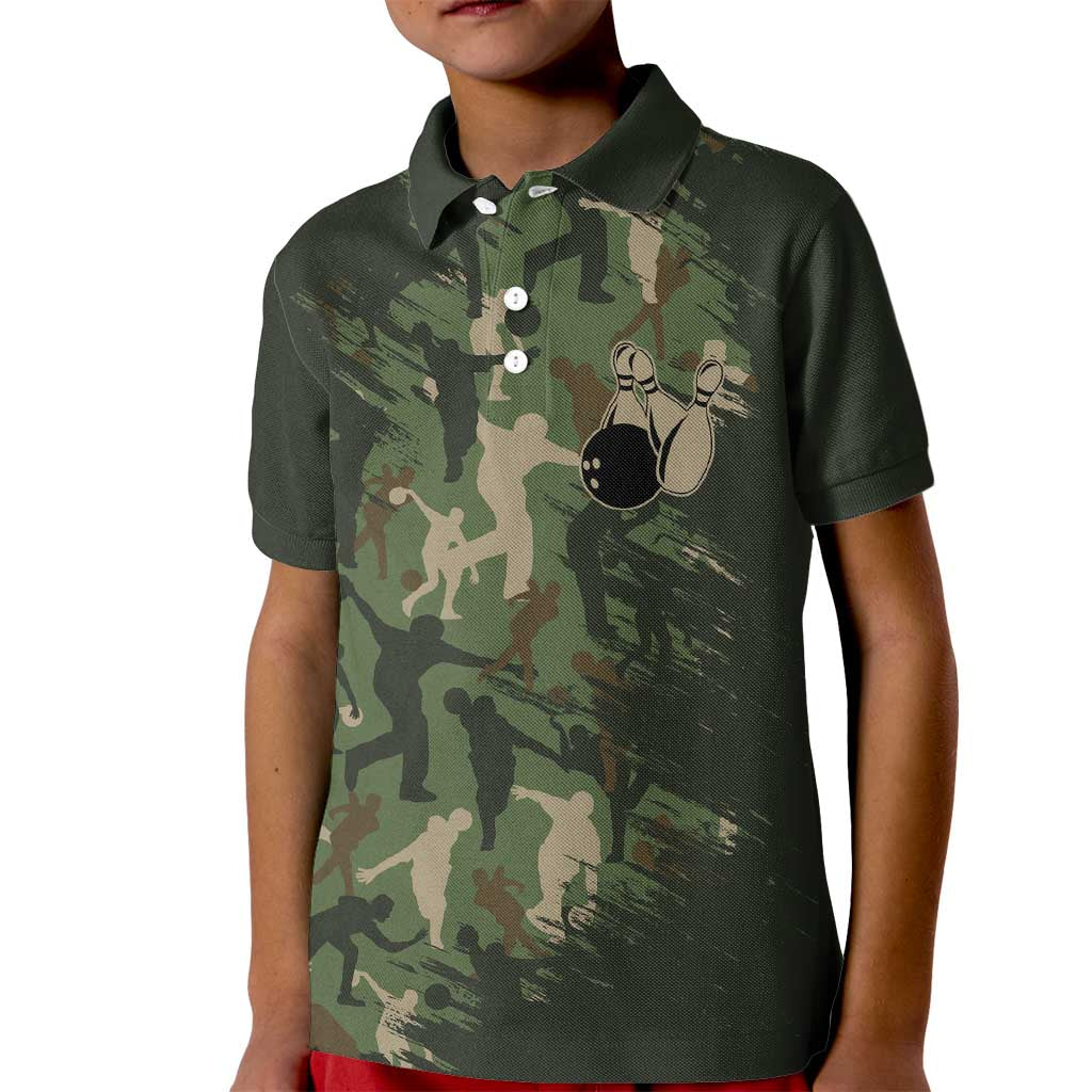 Bowling Camouflage Pattern Kid Polo Shirt with Ball and Pins Graphic in Army Green and Beige Brushstroke Design - Wonder Print Shop