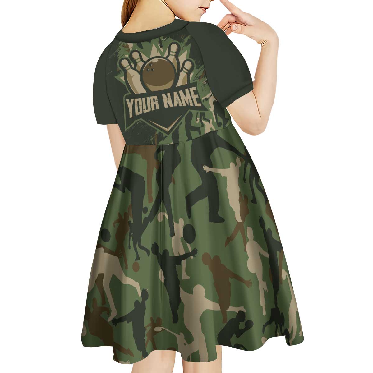 Bowling Camouflage Pattern Kid Short Sleeve Dress with Ball and Pins Graphic in Army Green and Beige Brushstroke Design - Wonder Print Shop