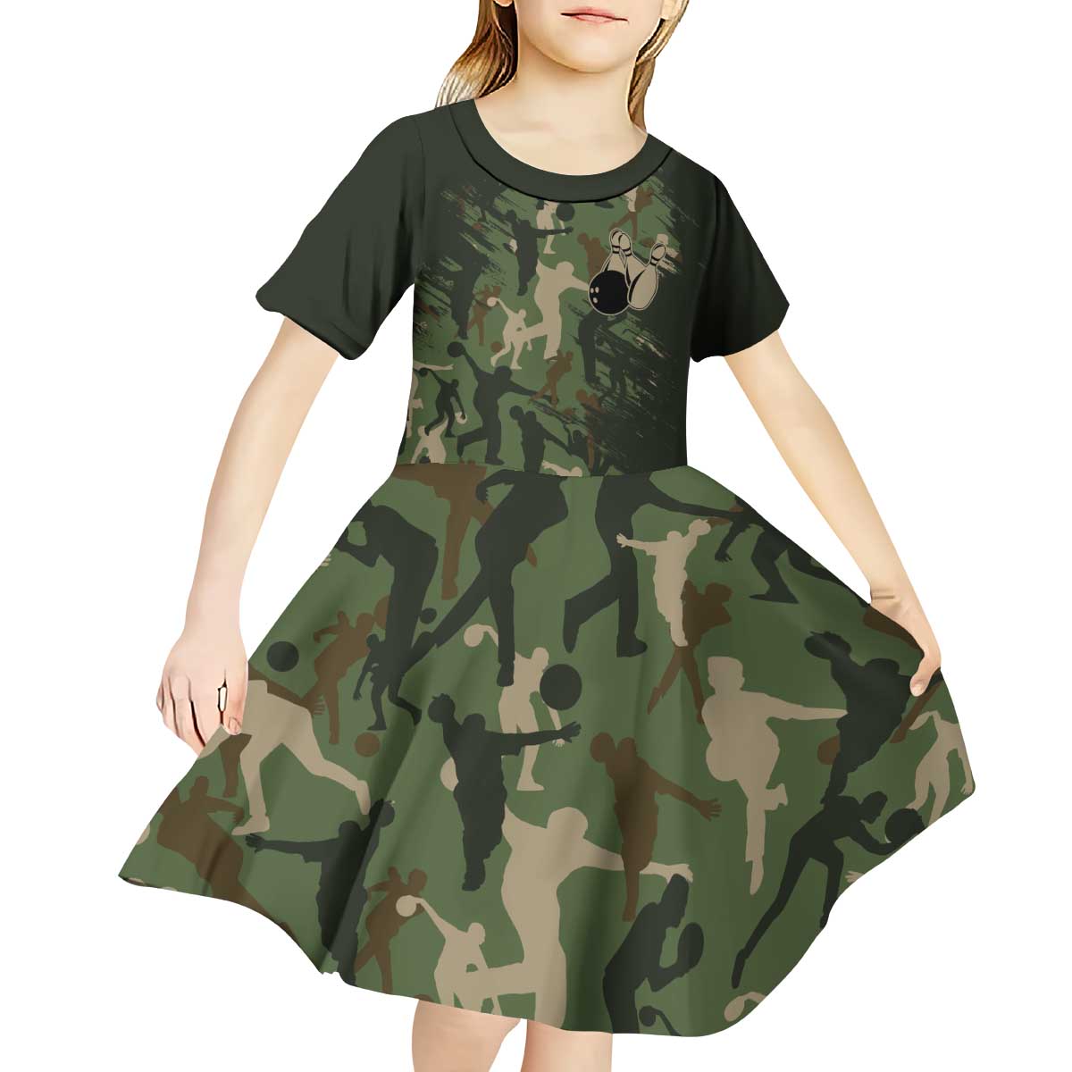 Bowling Camouflage Pattern Kid Short Sleeve Dress with Ball and Pins Graphic in Army Green and Beige Brushstroke Design - Wonder Print Shop
