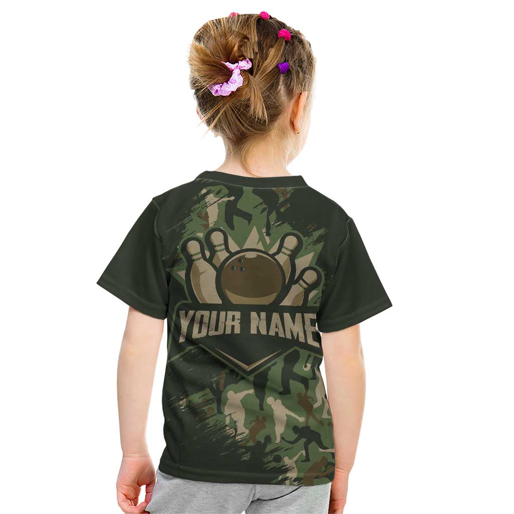 Bowling Camouflage Pattern Kid T Shirt with Ball and Pins Graphic in Army Green and Beige Brushstroke Design - Wonder Print Shop