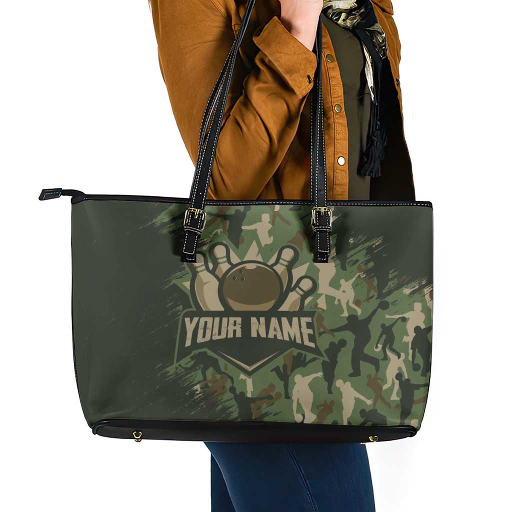 Bowling Camouflage Pattern Leather Tote Bag with Ball and Pins Graphic in Army Green and Beige Brushstroke Design - Wonder Print Shop