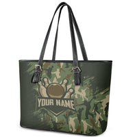 Bowling Camouflage Pattern Leather Tote Bag with Ball and Pins Graphic in Army Green and Beige Brushstroke Design - Wonder Print Shop