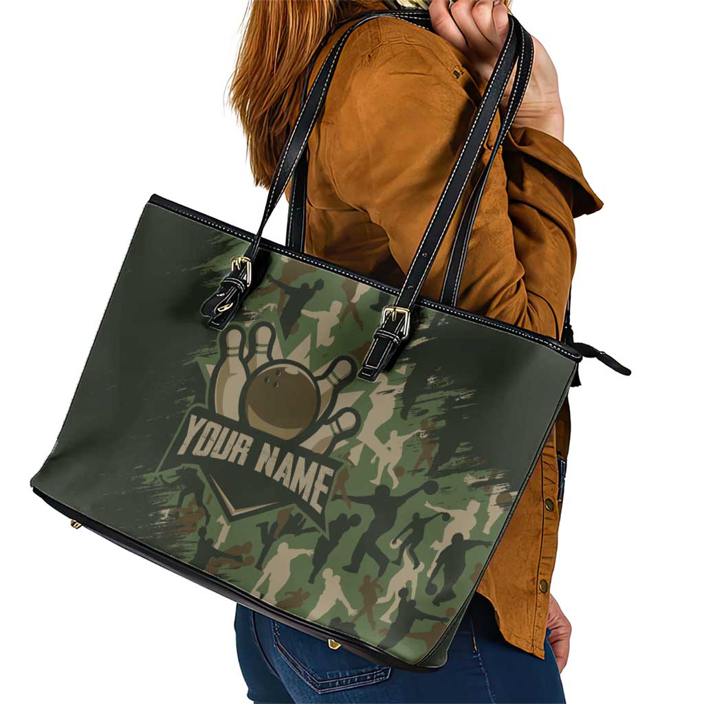 Bowling Camouflage Pattern Leather Tote Bag with Ball and Pins Graphic in Army Green and Beige Brushstroke Design - Wonder Print Shop