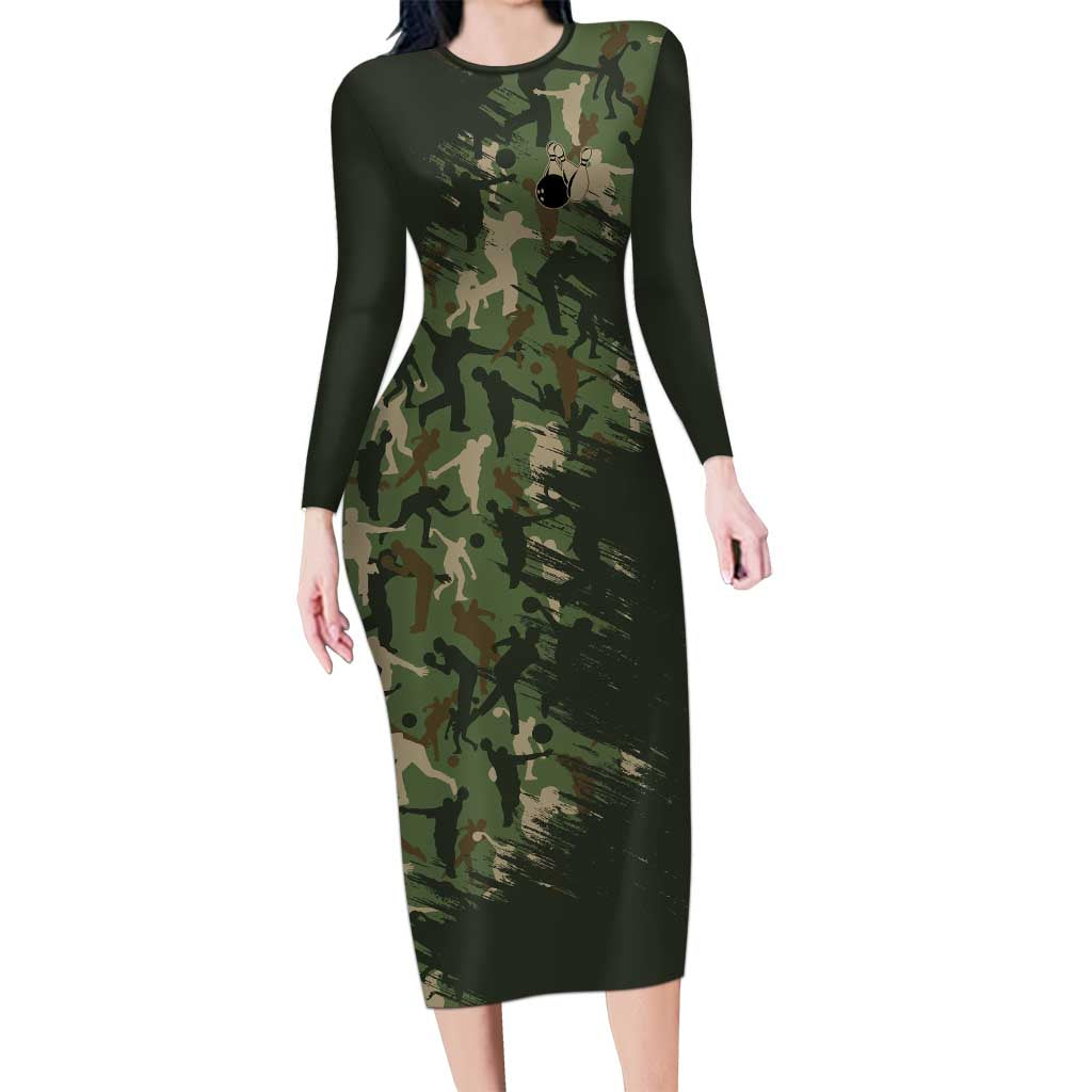 Bowling Camouflage Pattern Long Sleeve Bodycon Dress with Ball and Pins Graphic in Army Green and Beige Brushstroke Design - Wonder Print Shop