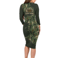 Bowling Camouflage Pattern Long Sleeve Bodycon Dress with Ball and Pins Graphic in Army Green and Beige Brushstroke Design - Wonder Print Shop