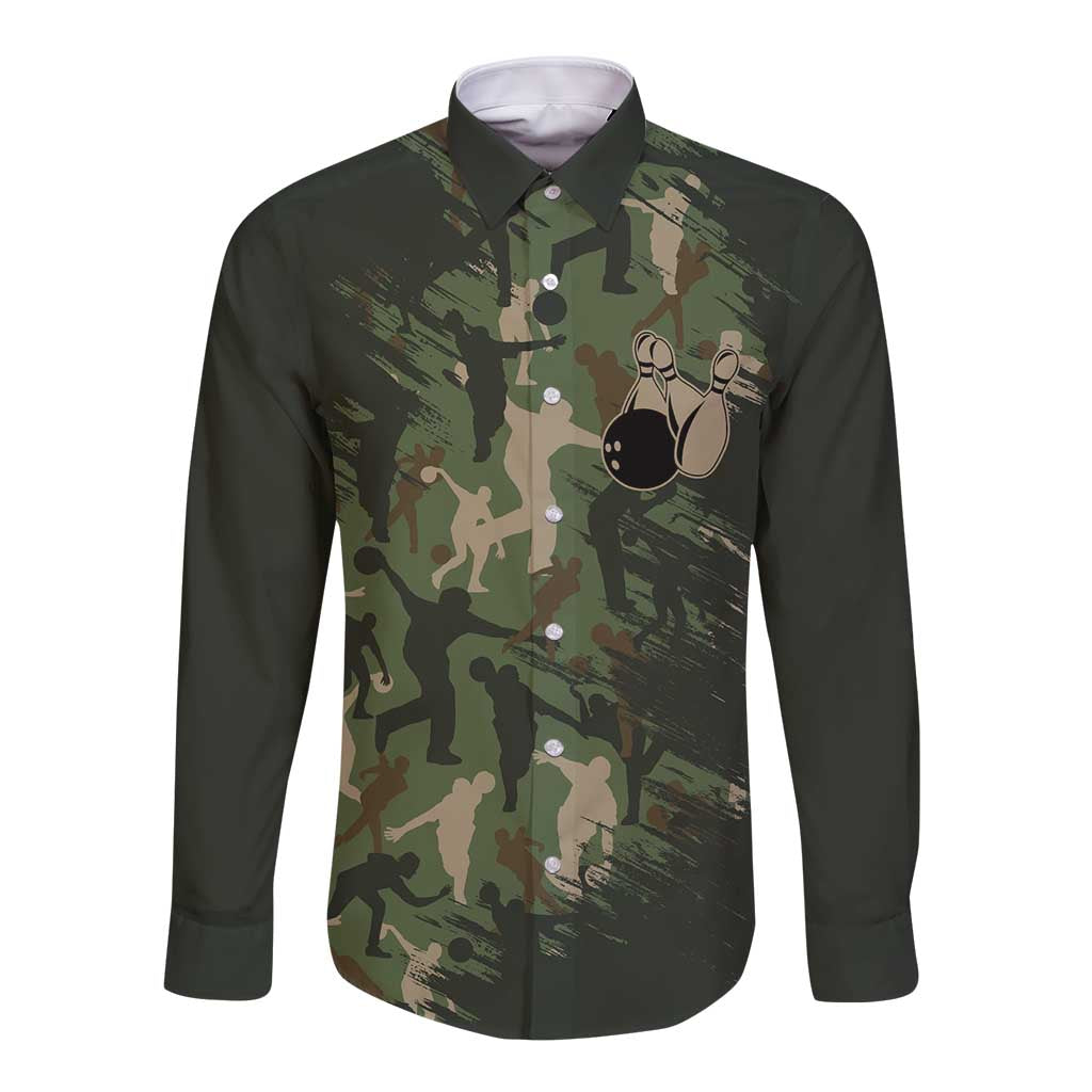 Bowling Camouflage Pattern Long Sleeve Button Shirt with Ball and Pins Graphic in Army Green and Beige Brushstroke Design - Wonder Print Shop