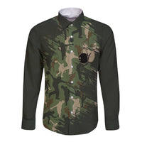 Bowling Camouflage Pattern Long Sleeve Button Shirt with Ball and Pins Graphic in Army Green and Beige Brushstroke Design - Wonder Print Shop