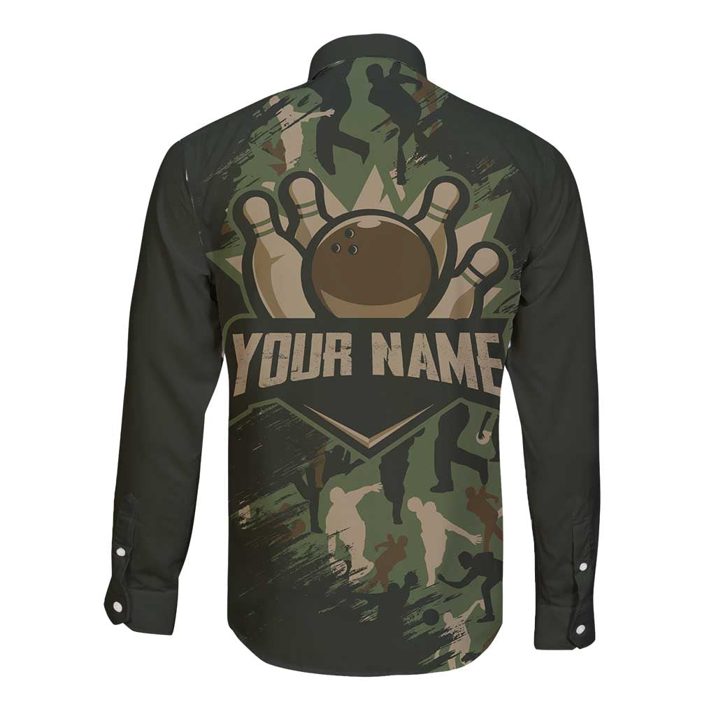 Bowling Camouflage Pattern Long Sleeve Button Shirt with Ball and Pins Graphic in Army Green and Beige Brushstroke Design - Wonder Print Shop