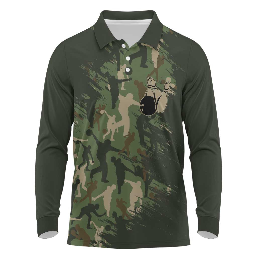 Bowling Camouflage Pattern Long Sleeve Polo Shirt with Ball and Pins Graphic in Army Green and Beige Brushstroke Design - Wonder Print Shop
