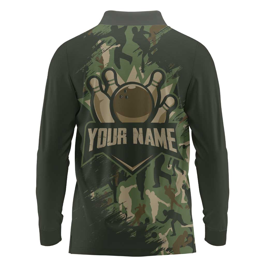 Bowling Camouflage Pattern Long Sleeve Polo Shirt with Ball and Pins Graphic in Army Green and Beige Brushstroke Design - Wonder Print Shop