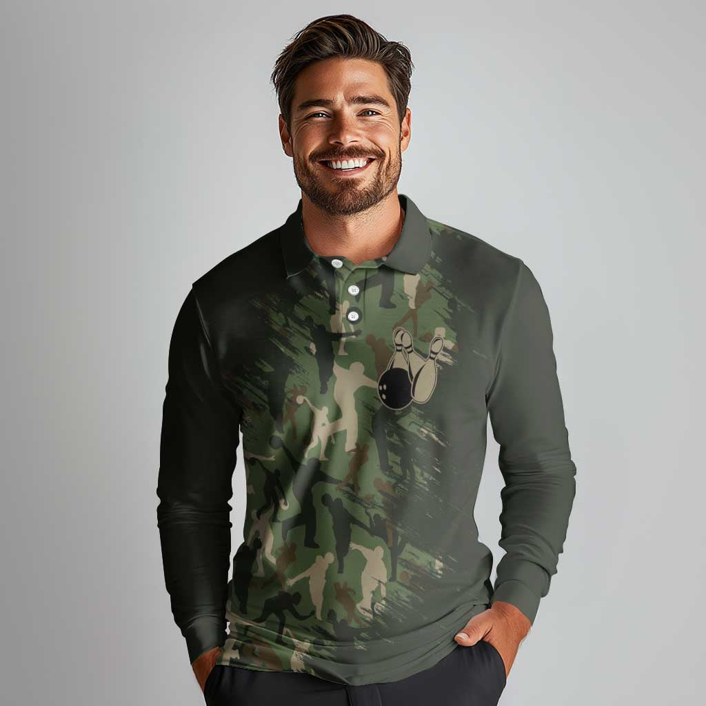 Bowling Camouflage Pattern Long Sleeve Polo Shirt with Ball and Pins Graphic in Army Green and Beige Brushstroke Design - Wonder Print Shop