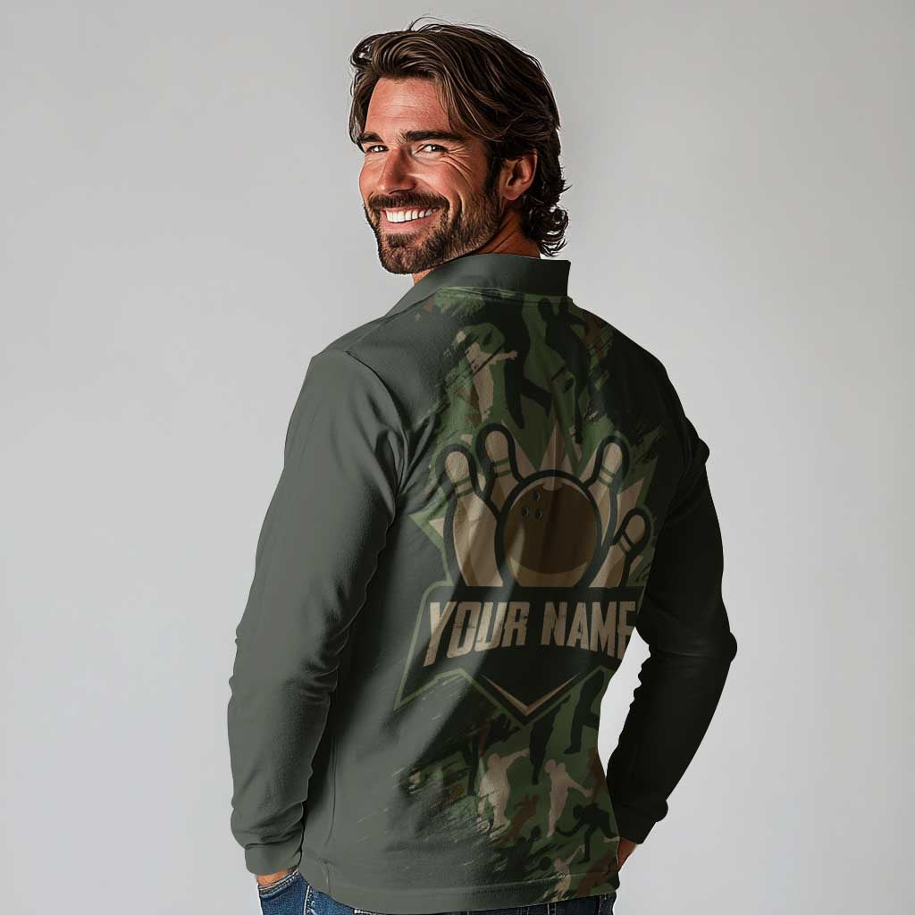 Bowling Camouflage Pattern Long Sleeve Polo Shirt with Ball and Pins Graphic in Army Green and Beige Brushstroke Design - Wonder Print Shop