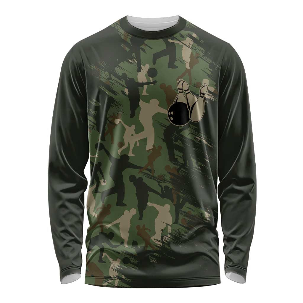 Bowling Camouflage Pattern Long Sleeve Shirt with Ball and Pins Graphic in Army Green and Beige Brushstroke Design - Wonder Print Shop