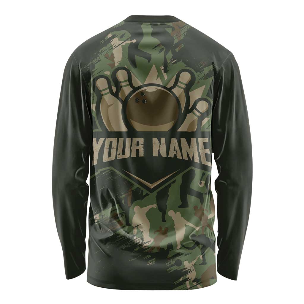 Bowling Camouflage Pattern Long Sleeve Shirt with Ball and Pins Graphic in Army Green and Beige Brushstroke Design - Wonder Print Shop