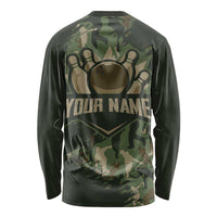 Bowling Camouflage Pattern Long Sleeve Shirt with Ball and Pins Graphic in Army Green and Beige Brushstroke Design - Wonder Print Shop