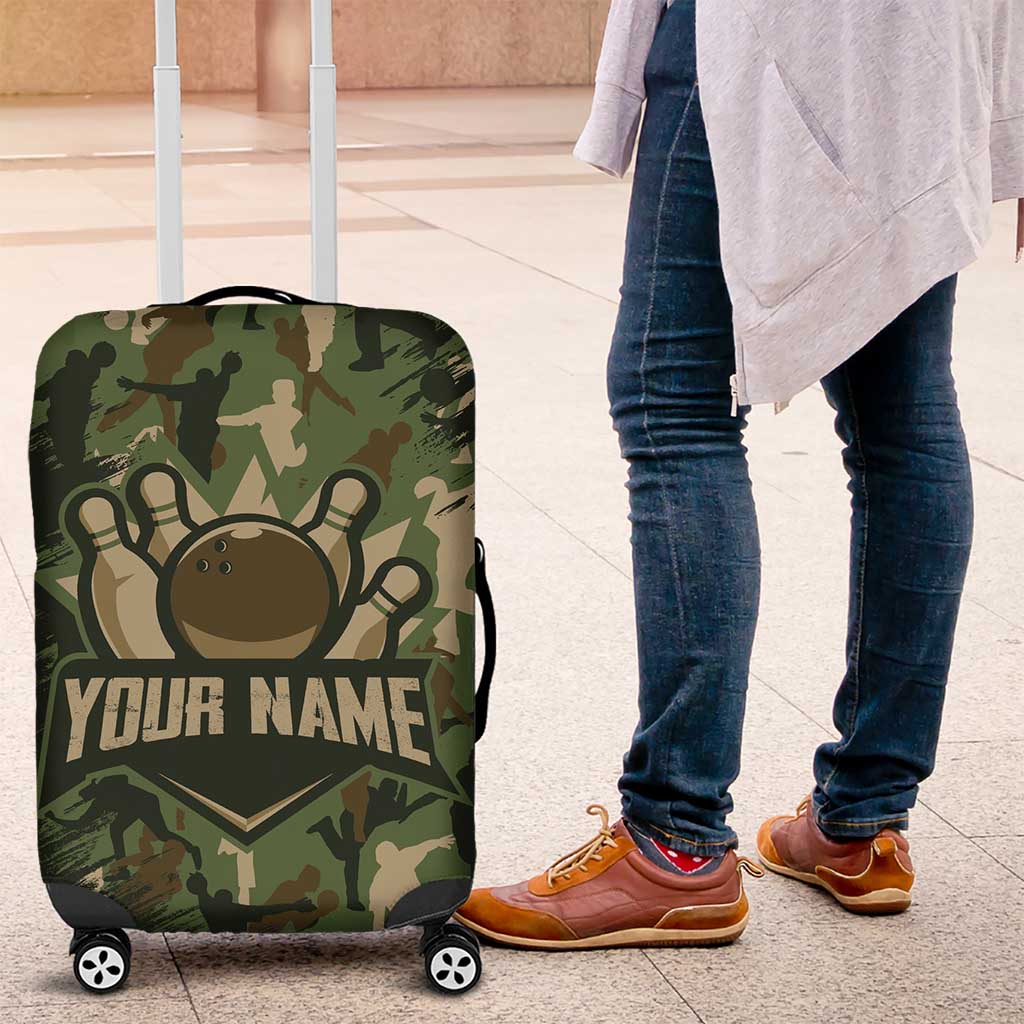 Bowling Camouflage Pattern Luggage Cover with Ball and Pins Graphic in Army Green and Beige Brushstroke Design - Wonder Print Shop