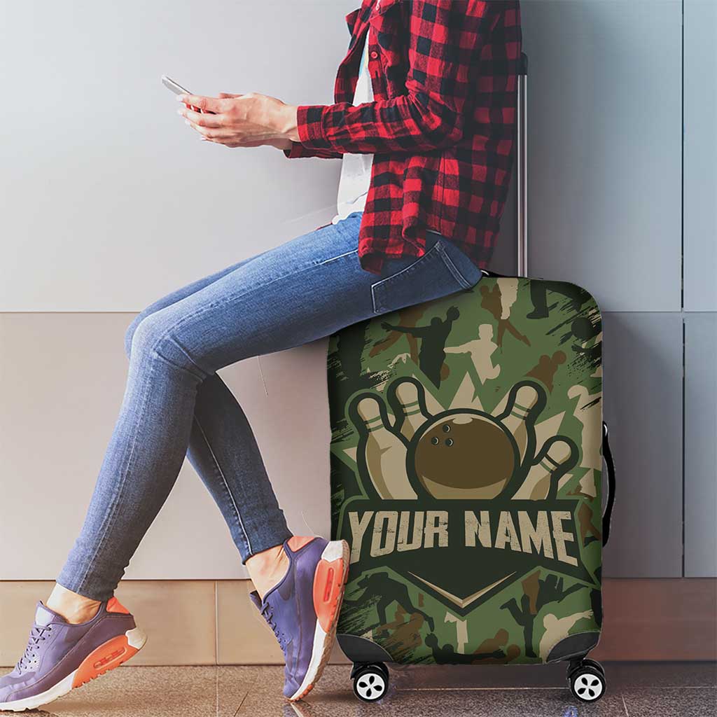 Bowling Camouflage Pattern Luggage Cover with Ball and Pins Graphic in Army Green and Beige Brushstroke Design - Wonder Print Shop