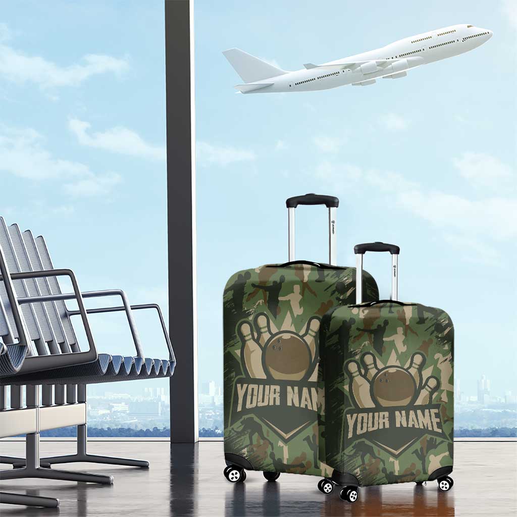 Bowling Camouflage Pattern Luggage Cover with Ball and Pins Graphic in Army Green and Beige Brushstroke Design - Wonder Print Shop