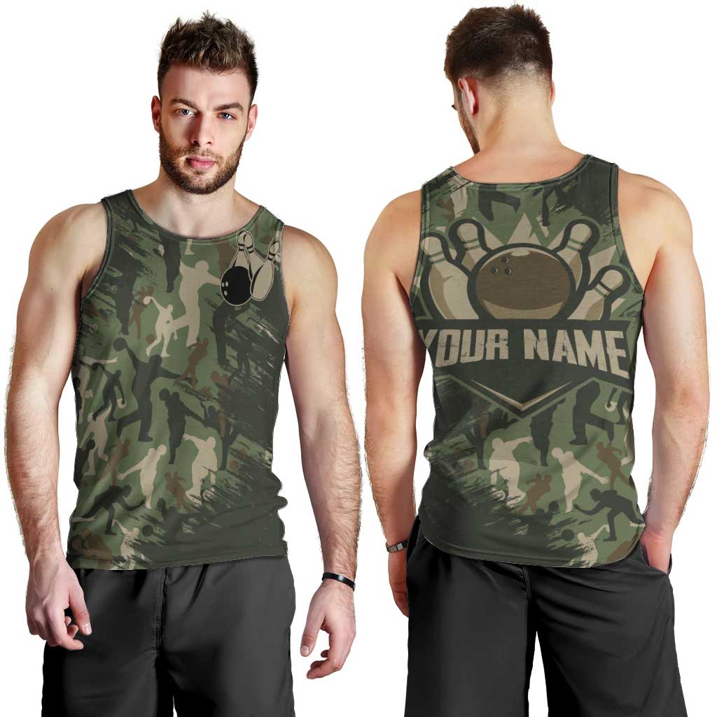 Bowling Camouflage Pattern Men Tank Top with Ball and Pins Graphic in Army Green and Beige Brushstroke Design - Wonder Print Shop