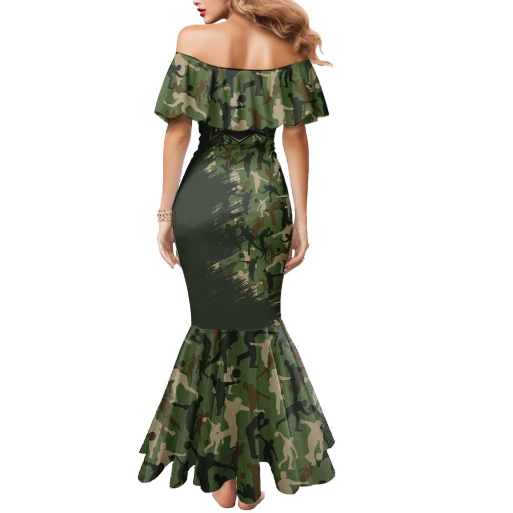 Bowling Camouflage Pattern Mermaid Dress with Ball and Pins Graphic in Army Green and Beige Brushstroke Design - Wonder Print Shop