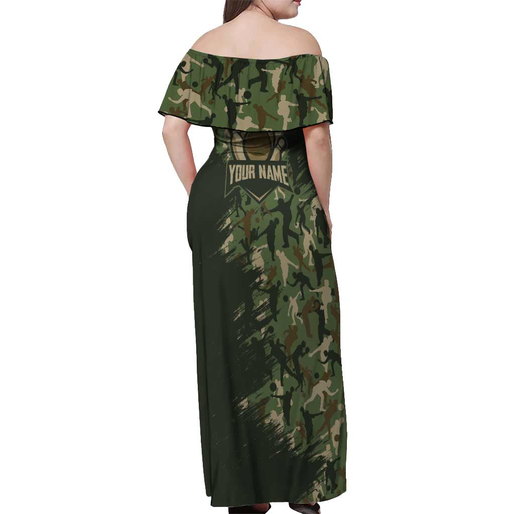 Bowling Camouflage Pattern Off Shoulder Maxi Dress with Ball and Pins Graphic in Army Green and Beige Brushstroke Design - Wonder Print Shop