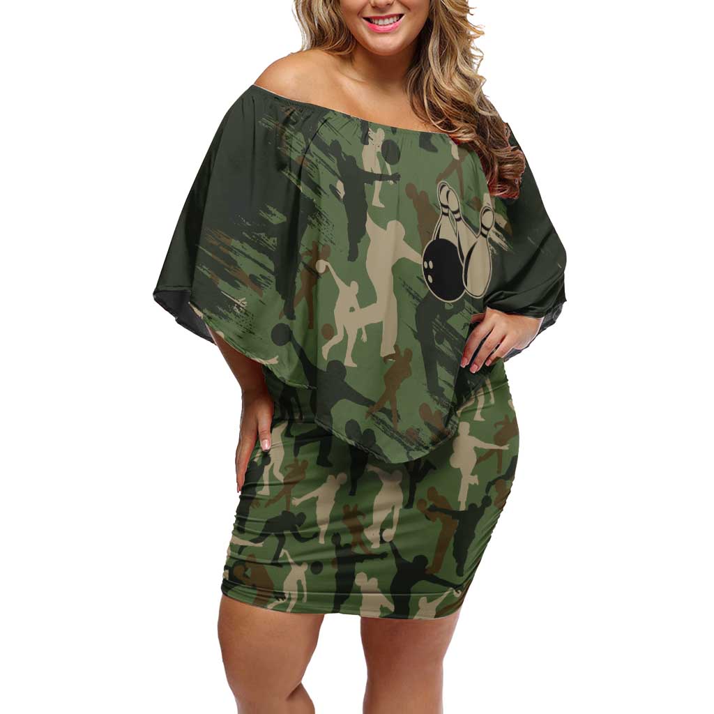 Bowling Camouflage Pattern Off Shoulder Short Dress with Ball and Pins Graphic in Army Green and Beige Brushstroke Design - Wonder Print Shop