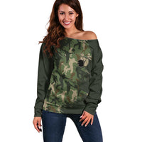 Bowling Camouflage Pattern Off Shoulder Sweater with Ball and Pins Graphic in Army Green and Beige Brushstroke Design - Wonder Print Shop