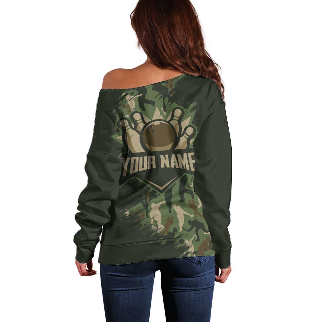 Bowling Camouflage Pattern Off Shoulder Sweater with Ball and Pins Graphic in Army Green and Beige Brushstroke Design - Wonder Print Shop