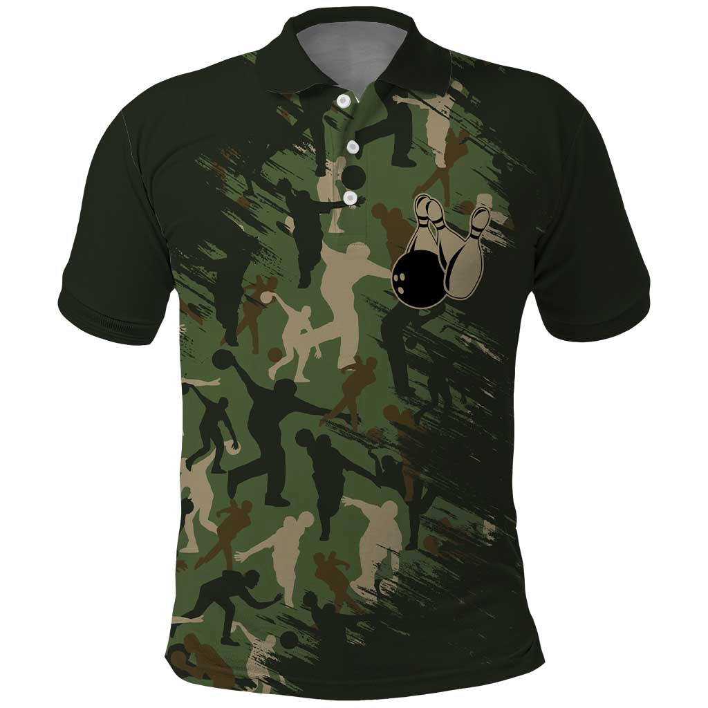 Bowling Camouflage Pattern Polo Shirt with Ball and Pins Graphic in Army Green and Beige Brushstroke Design - Wonder Print Shop